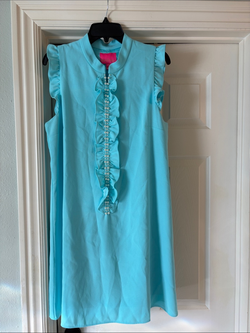 Lilly Pulitzer aqua tiffany blue zip front dress w/pearl & ruffle detail sz 12